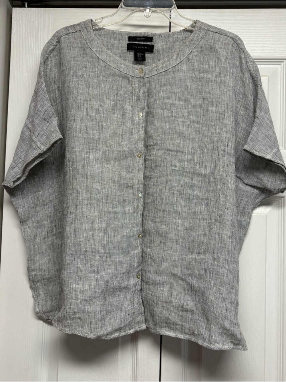 Tahari Gray Short-Sleeve Linen Button-Front Shirt size XS/S/M